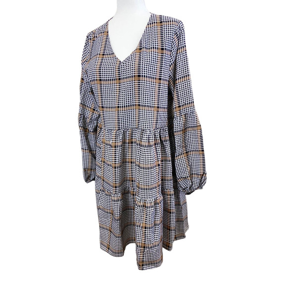 NWOT Houndstooth Printed Swing Shift Dress Long Sleeve V Neck Tunic Dress Large - Picture 1 of 14